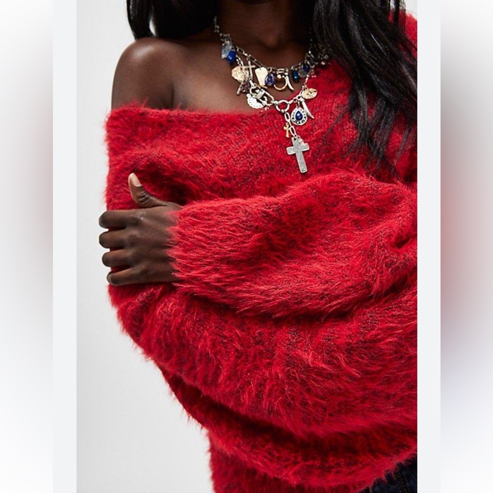 Free People Sparrow Pullover Fuzzy V-neck Sweater. XS Red. Oversized.‎ Boho. - Picture 7 of 7